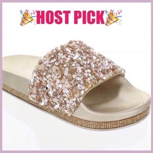 GOLD SLIDES DRIPPING IN SPARKLING SHOES